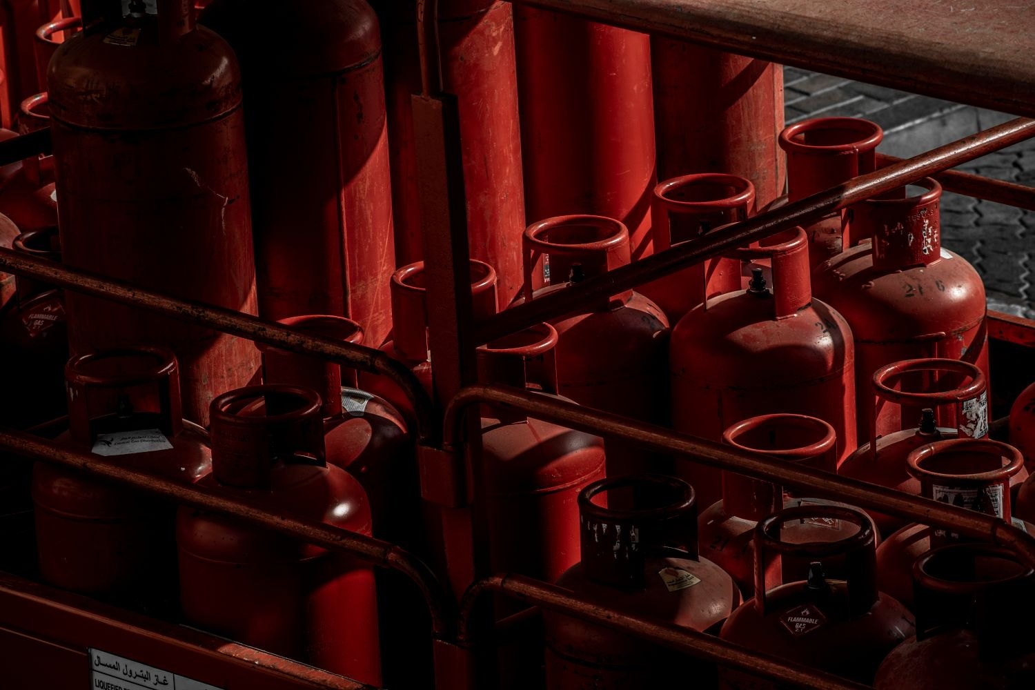 Bank of liquefied petroleum gas cylinders in an industrial store