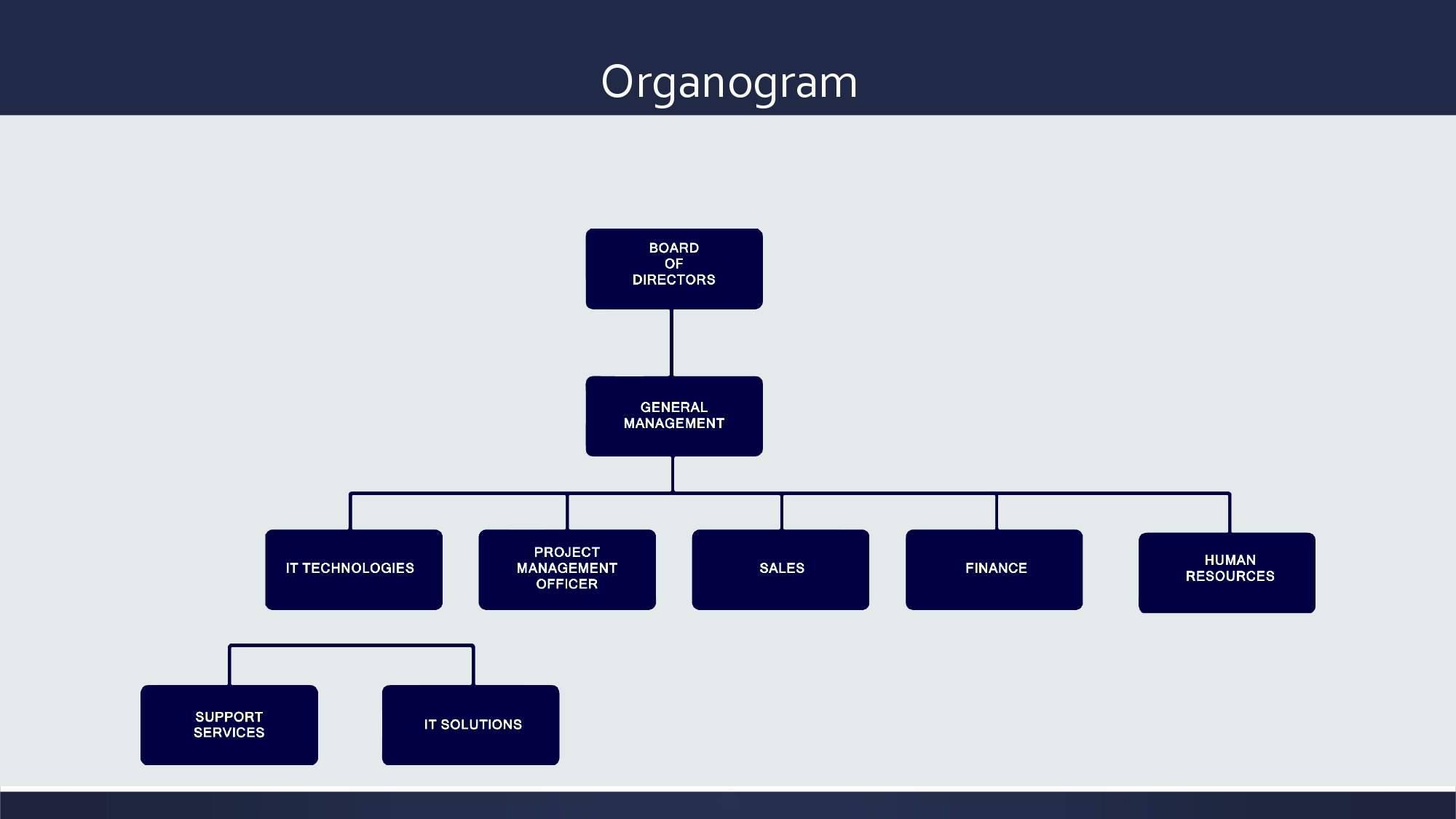 Tlou Technologies organogram — Board of Directors, General Management, IT Technologies, PMO, Sales, Finance, HR